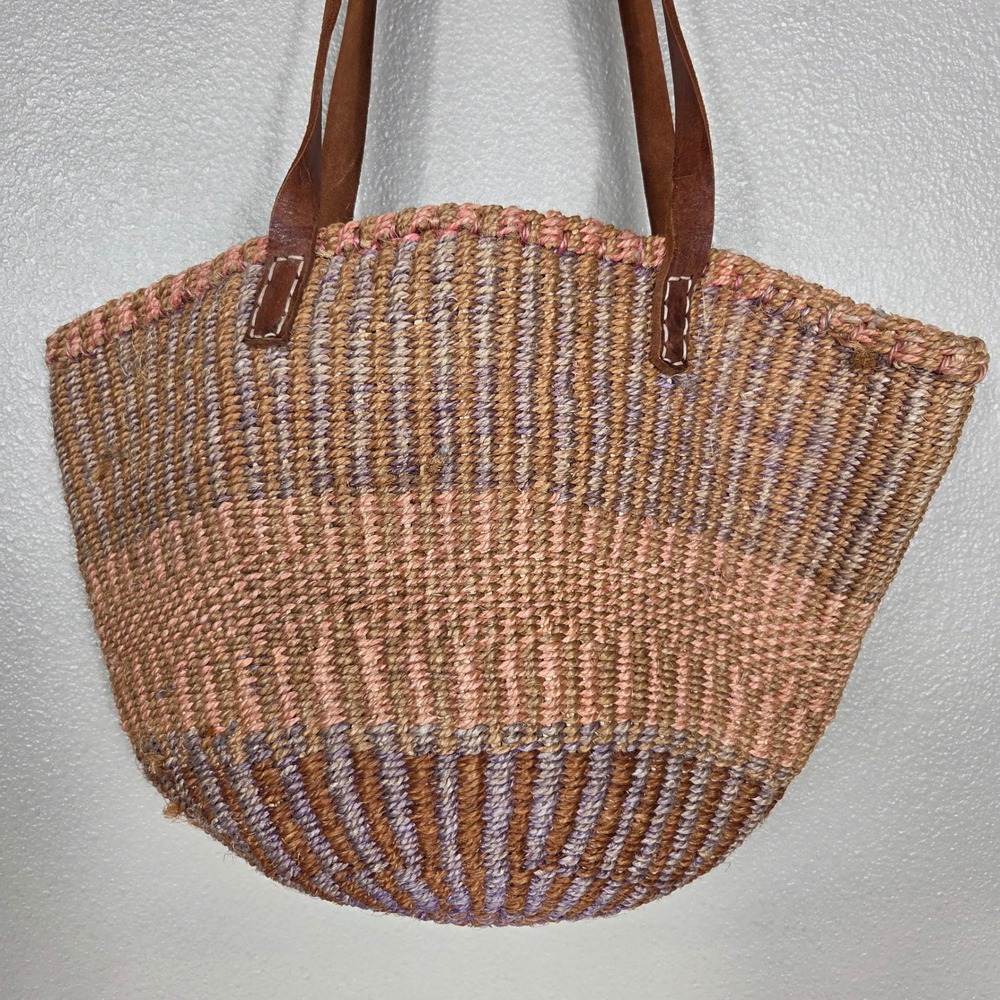 Handwoven Natural Fiber Basket Tote Planter Cover Leather Handles Boho 17in